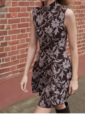 Zara Brown Sleeveless Mock Neck Floral Mini Dress with Cream Pattern